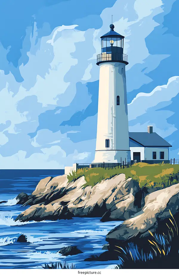 Lighthouse on Rocky Coast with Blue Sky