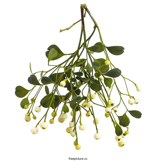 [Transparent Background PNG]Green Mistletoe Branch with White Berries Isolated on White Background