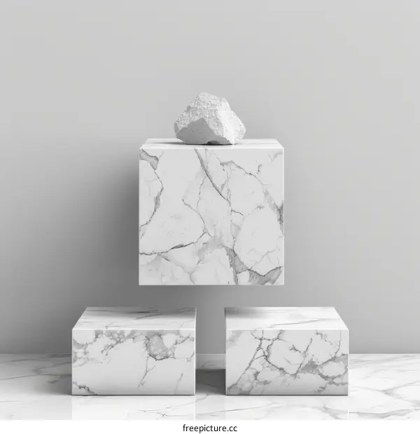 White marble podium with a rock on top and two podiums beside