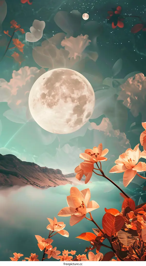 Full Moon Night Sky With Flowers