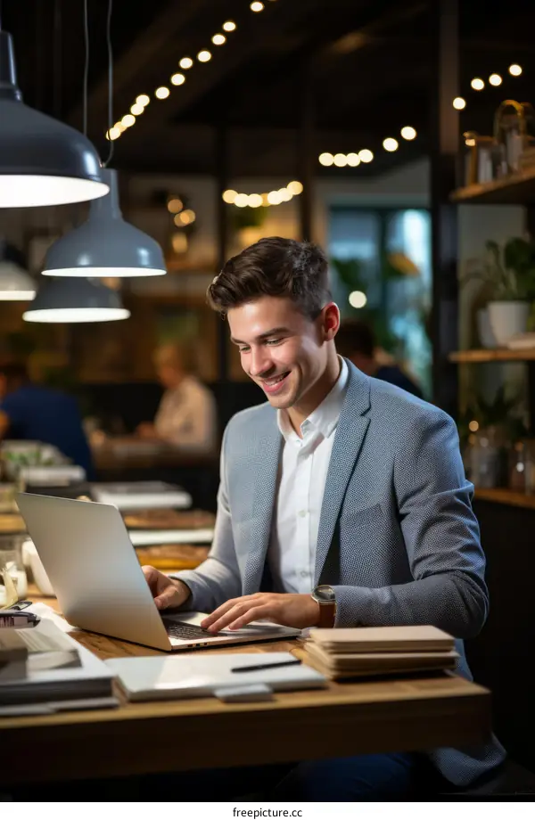 Young professional working on laptop in a cafe