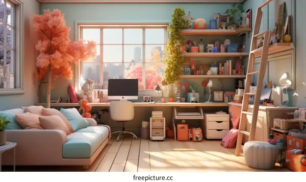 Cozy home office with a large window and a pink tree