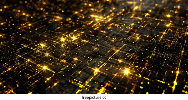 Abstract glowing golden circuit board with glowing dots and lines. Technology background