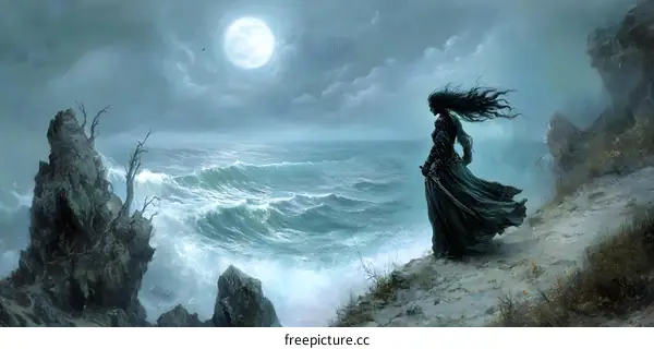 Woman in Black Dress Standing on Cliff Looking at the Sea with Full Moon in the Sky