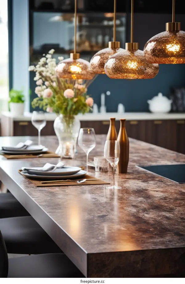 Sleek Kitchen Island with Warm Copper Accents