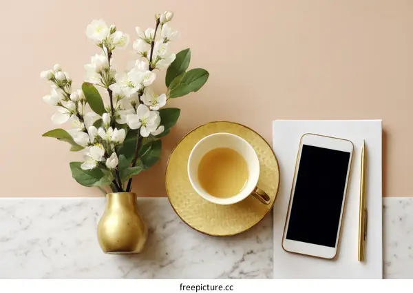 Elegant Spring Workspace Arrangement with Flowers and Tea