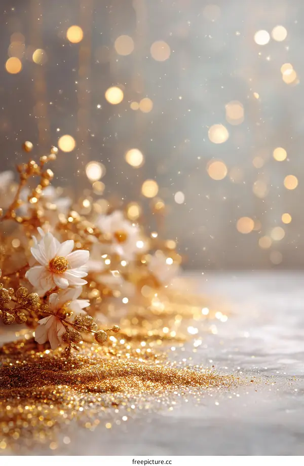 Elegant Gold Glitter Background with Flowers and Lights