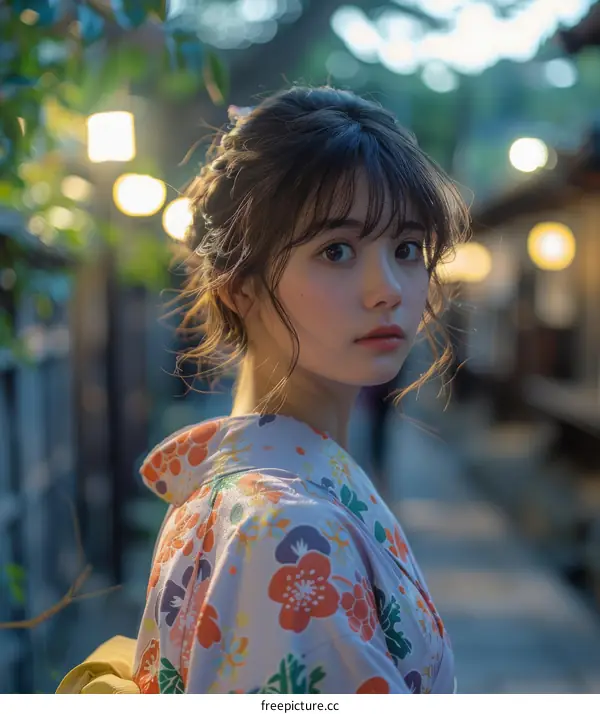 Young Japanese Woman in Traditional Kimono Looking Over Her Shoulder