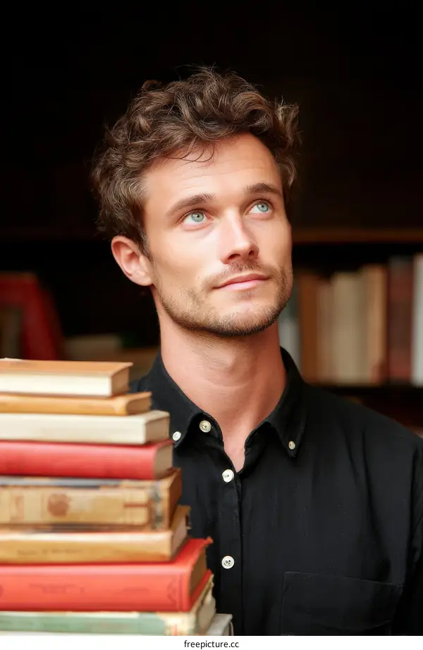 Thoughtful Man with Stack of Books in a Bookstore