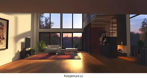 Modern Living Room with Sunset View and Fireplace