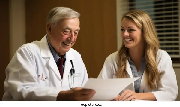 An elderly male doctor is talking to a young female nurse