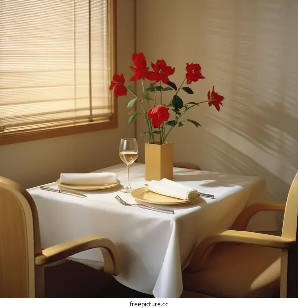 A table set with wine and flowers