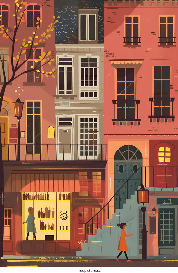 Colorful Illustration of European City Street With People Walking