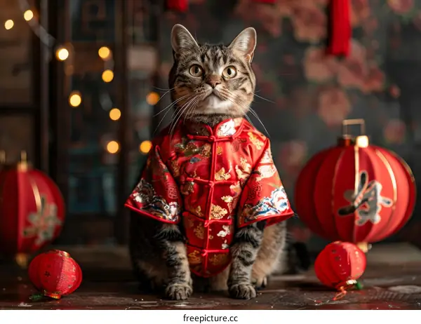 A cat wearing a red Chinese traditional costume is sitting in front of a red lantern.
