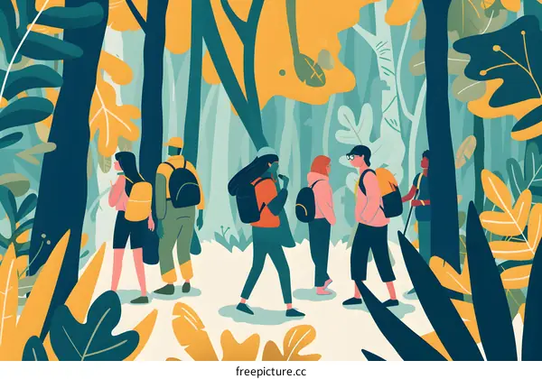 Group of People Hiking in the Forest