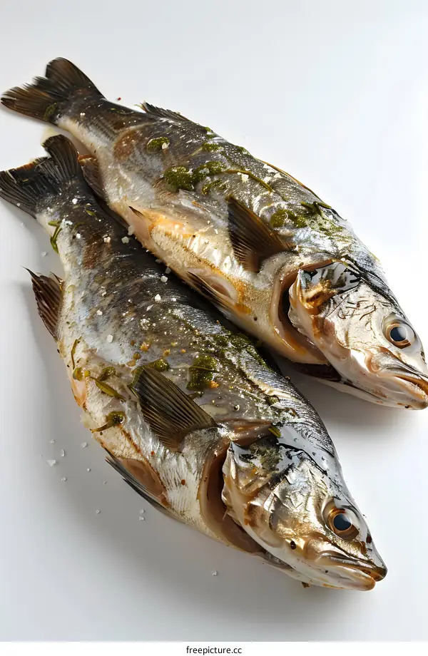 Two grilled fish with herbs and spices on a white background