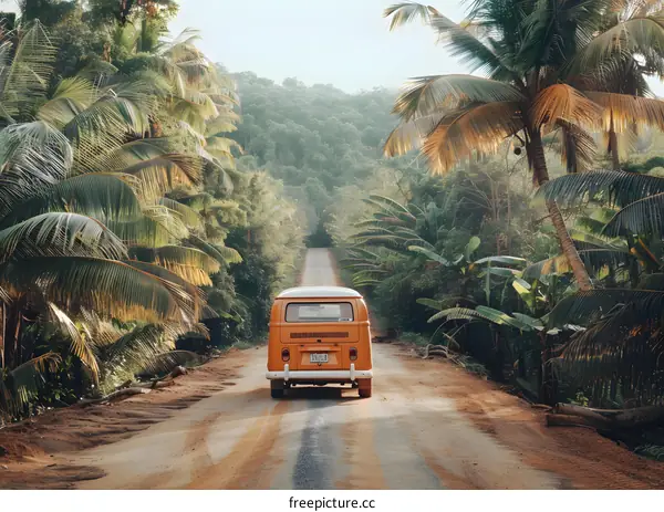 Orange Van Driving Through Tropical Jungle