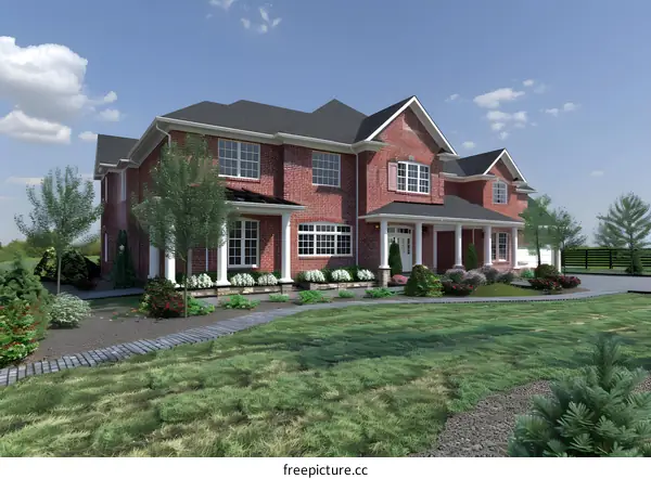 Modern Brick House with Green Lawn and Landscaping