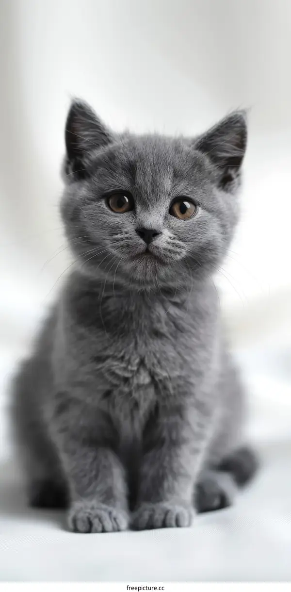 A cute gray kitten is sitting on a white table looking at the camera