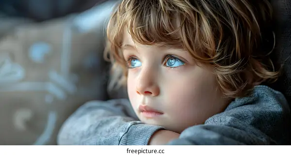 pensive caucasian boy looking out the window