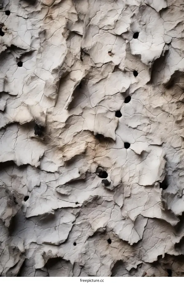 Close-up of a Weathered White Rock Face with Black Holes