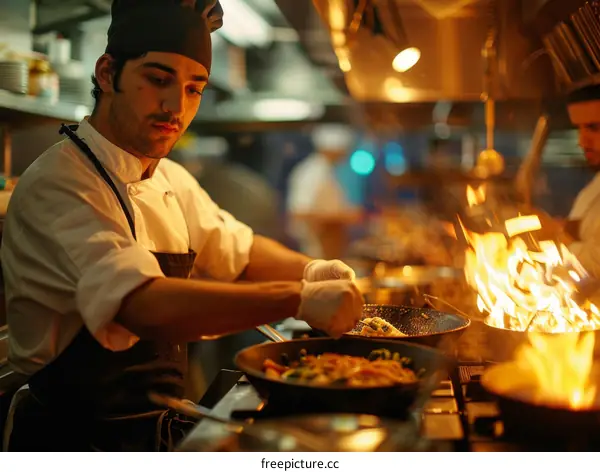 Chef in a commercial kitchen sauteing vegetables in a pan over a high flame