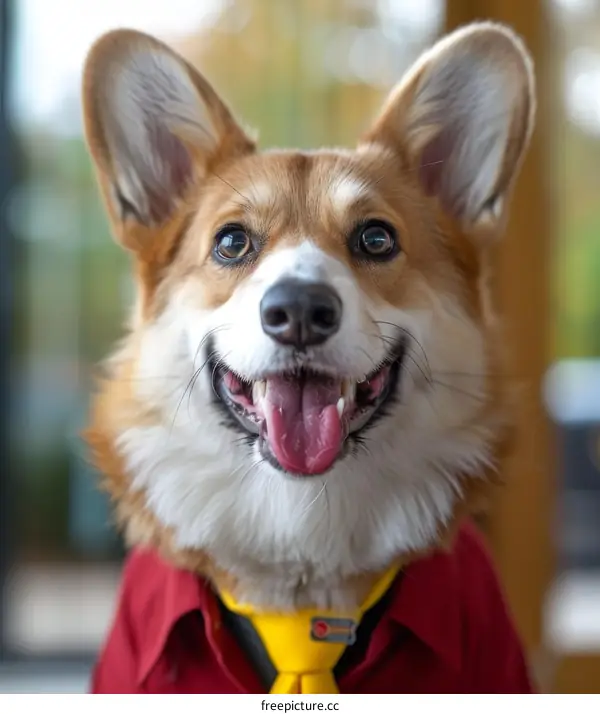 A happy corgi dog wearing a red shirt and yellow tie
