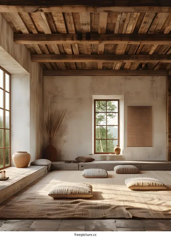 A room with a lot of pillows and a big window