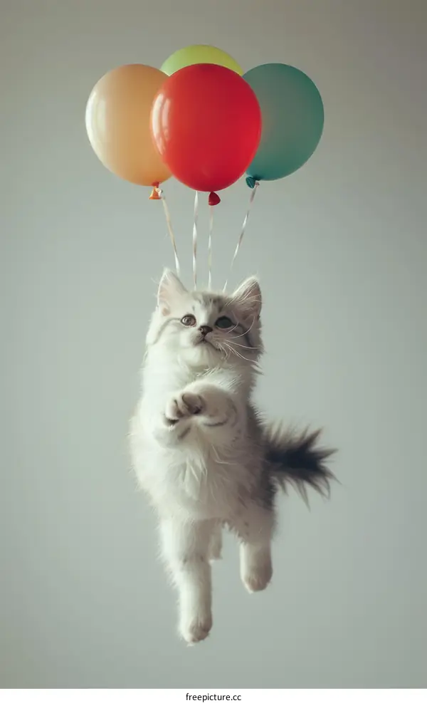 Playful Kitten Soaring with Balloons