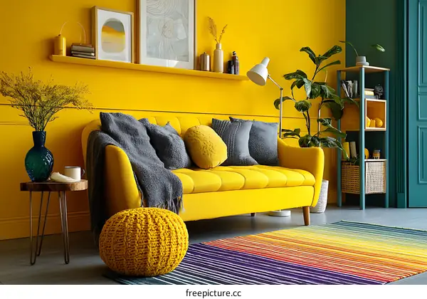 Yellow Living Room Interior Design with Colorful Rug