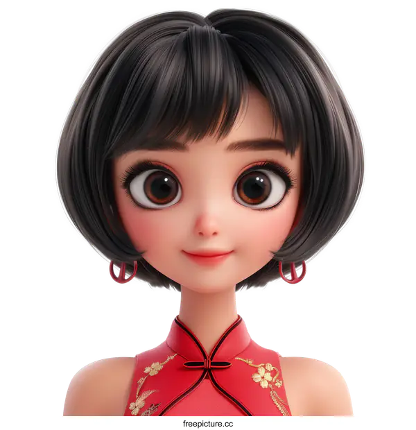 3D rendering of a young woman with short black hair and brown eyes, wearing a red and gold cheongsam
