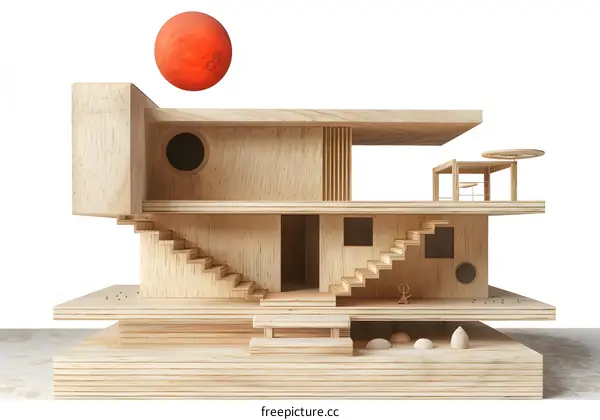 Wooden Model House with Red Ball on Top