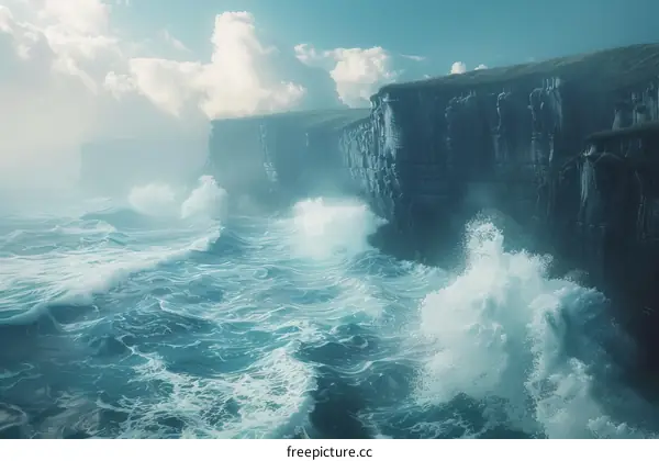 Huge sea waves crashing against a rocky cliff face