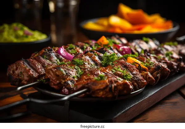 Grilled meat skewers with vegetables
