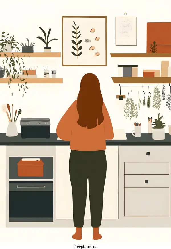 Woman Standing In Kitchen With Plants And Artwork