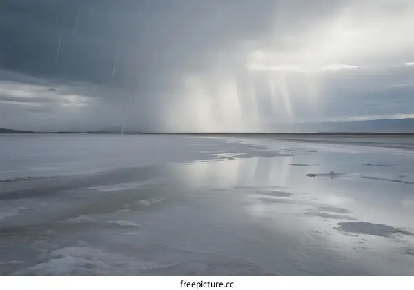 Heavy Rainfall Over a Vast Frozen Landscape with Cloudy Skies