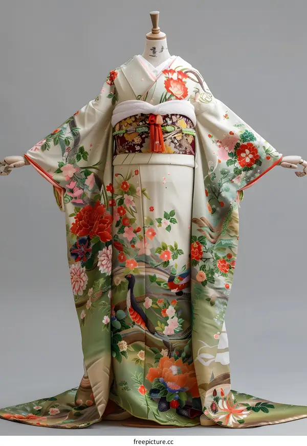 A woman wearing a kimono with a floral pattern