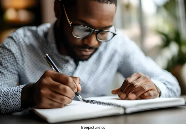 Focused Man Writing in a Notebook
