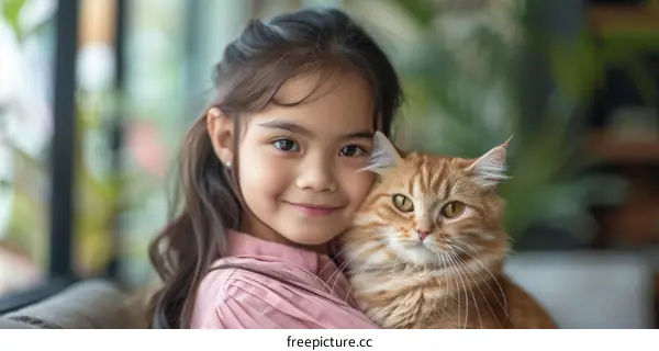 A young girl hugging an orange cat