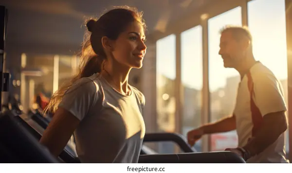 woman and man running on a treadmill