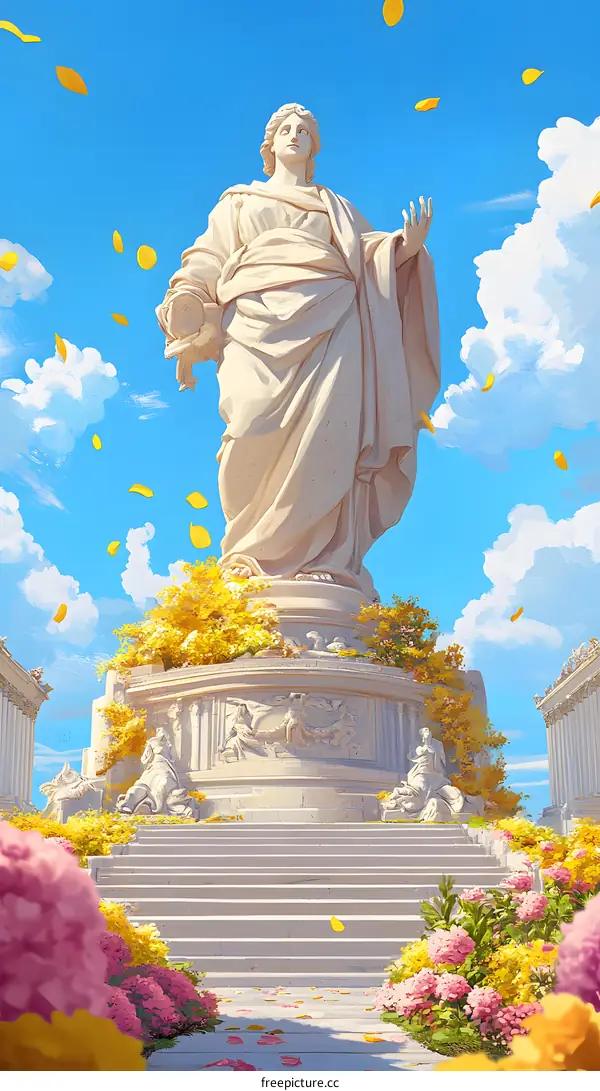 White Marble Statue With Flowers Around