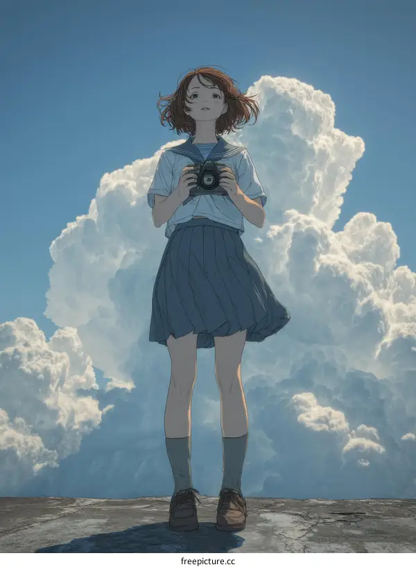 A Girl with a Camera under a Vast Sky