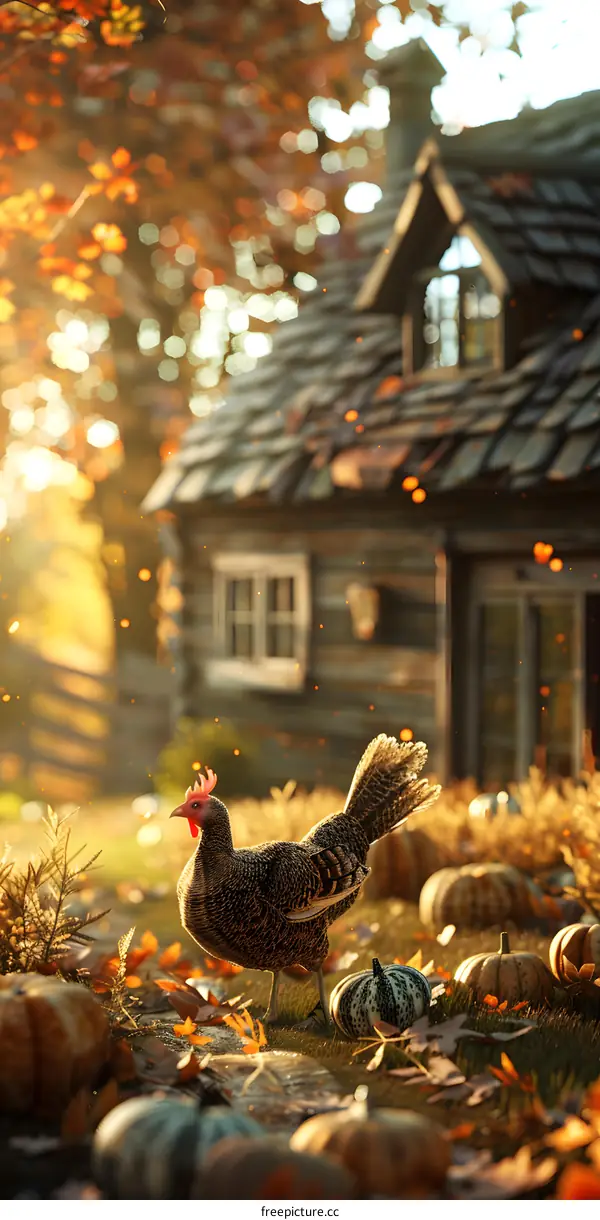 A chicken taking a walk in the woods during autumn