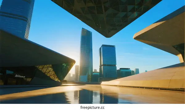 Modern Urban Architecture with Glass Skyscrapers and Reflective Water