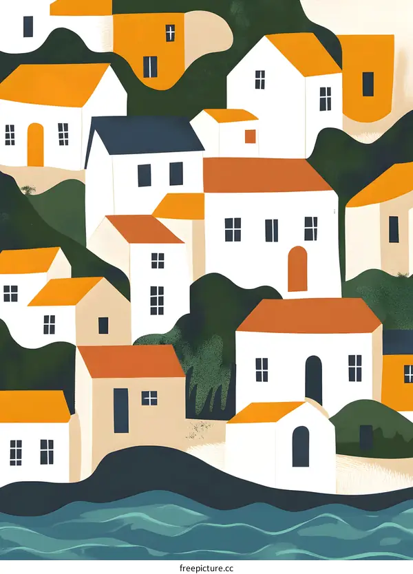 Abstract Illustration of a Coastal Town with Houses and Water