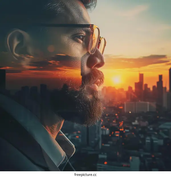 Bearded man looking out over a city at sunset with a determined expression on his face