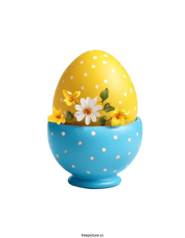 [Transparent Background PNG]Decorated Easter Egg in a Blue Bowl with Flowers