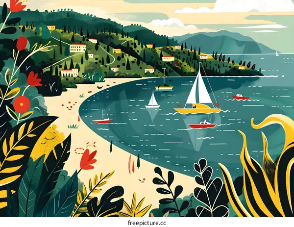 Coastal Landscape Illustration with Sailboats and Green Hills