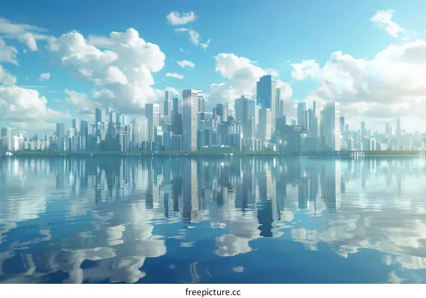 Modern Cityscape with Skyscrapers Reflecting in Water