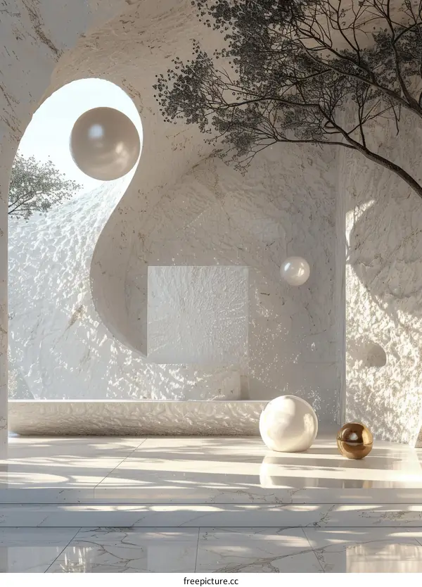 White Marble Minimalist Architecture Interior Design 3D Rendering
